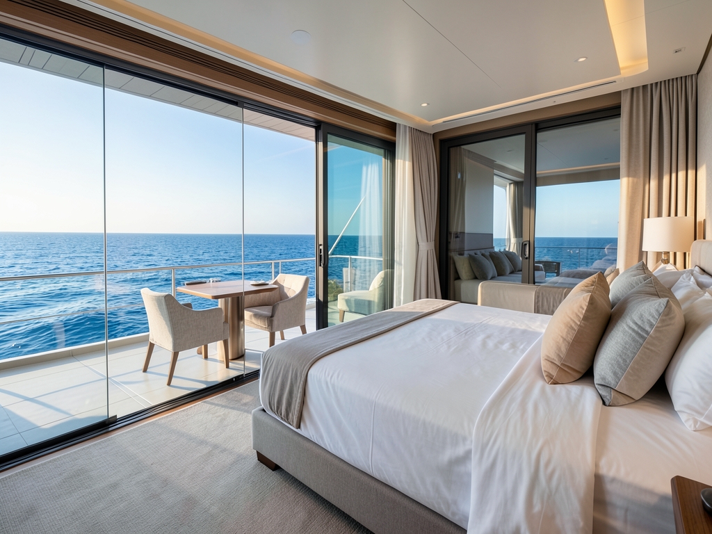 Spacious ocean view suite modern yacht with floor to ceiling windows