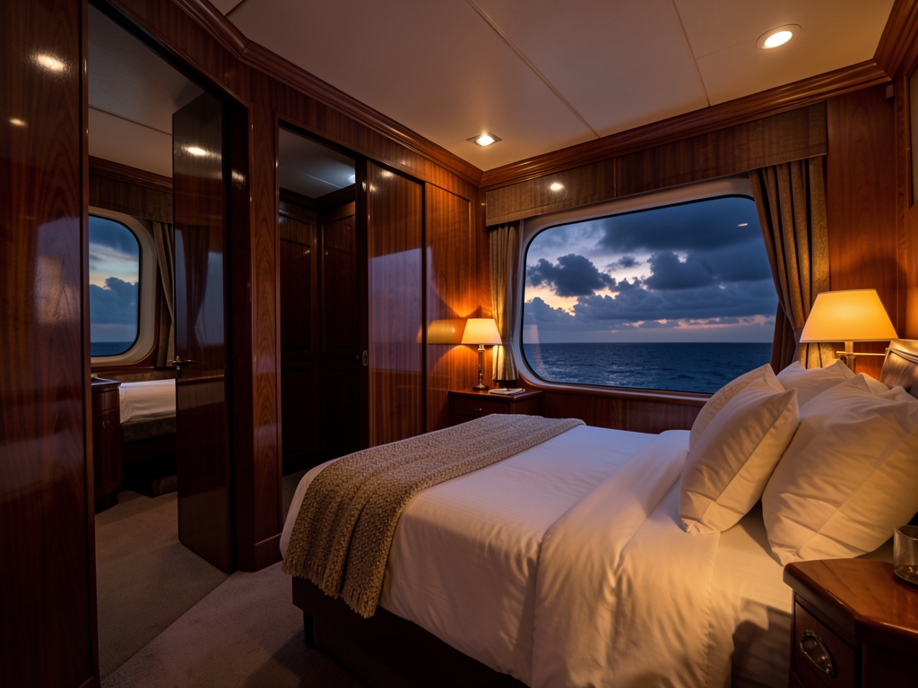 Dimly private aircraft suite with warm walnut panels