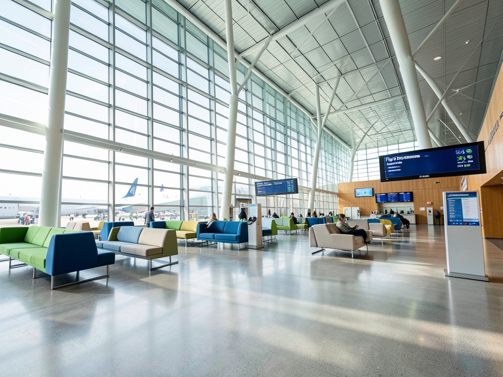 Modern airport terminal interior featuring soaring glass architecture