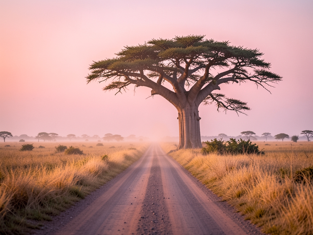 long dirt road stretching toward distant baobab tree