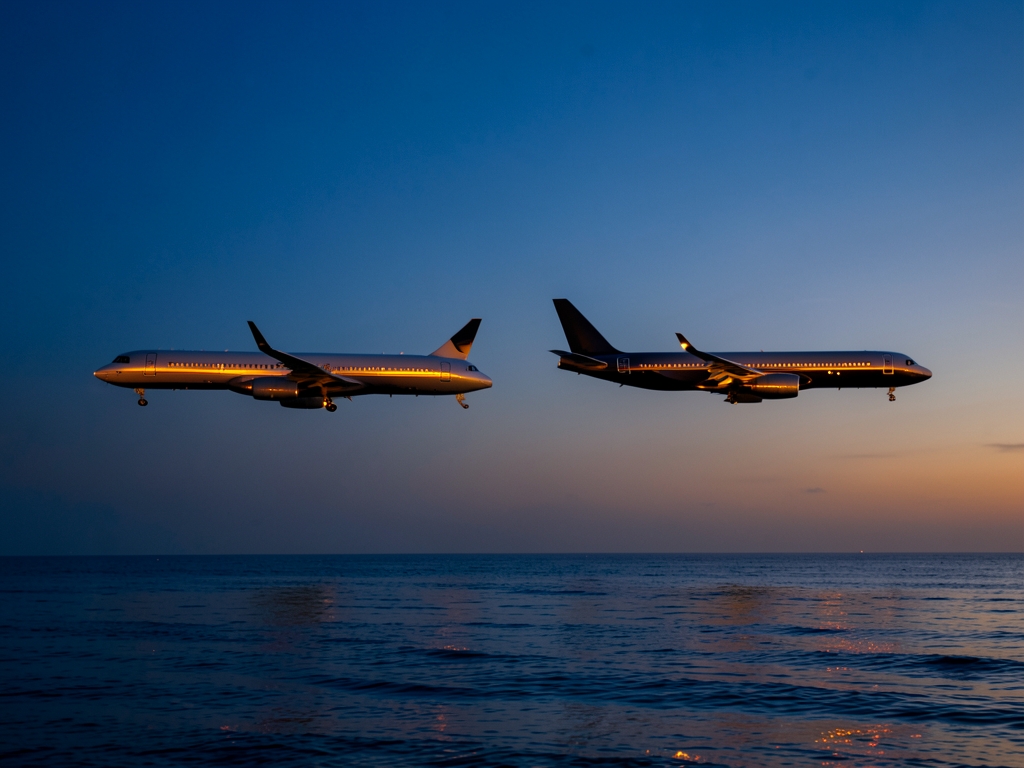 Twilight horizon over calm ocean where sleek aircraft