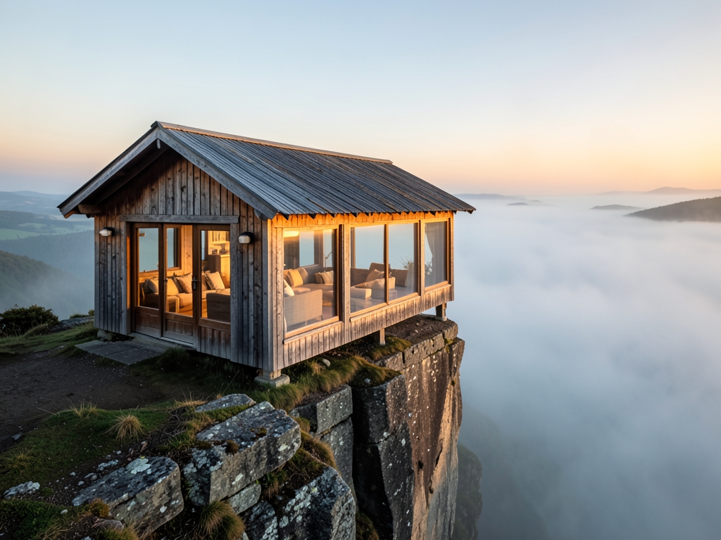 secluded cliff edge lodge weathered timber bathed warm amber