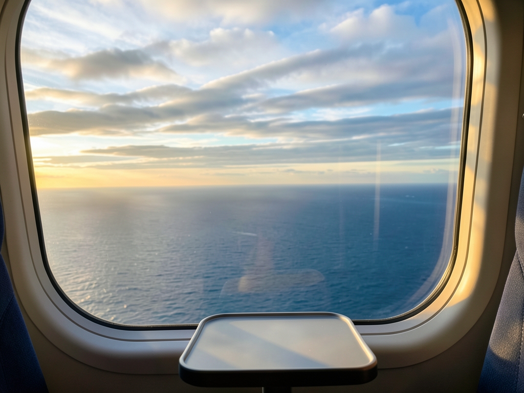 window seat view over mid Atlantic golden hour layered