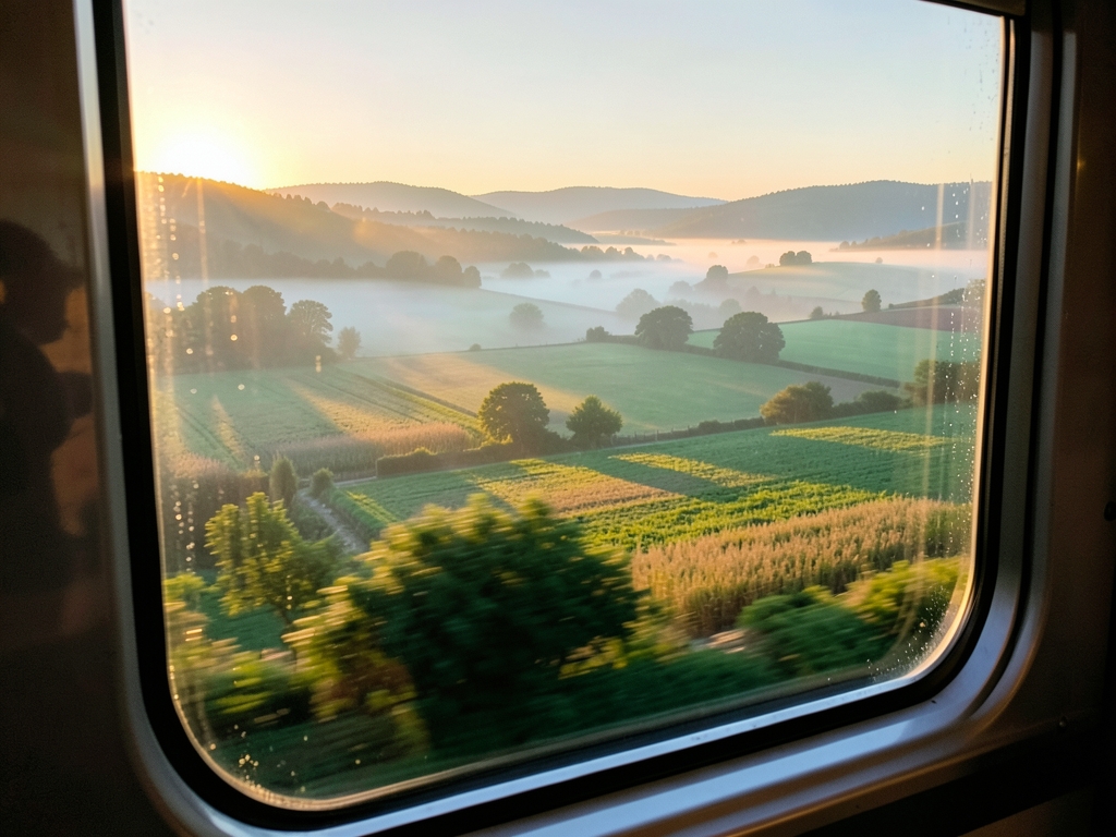 Dawn over European countryside seen from train window