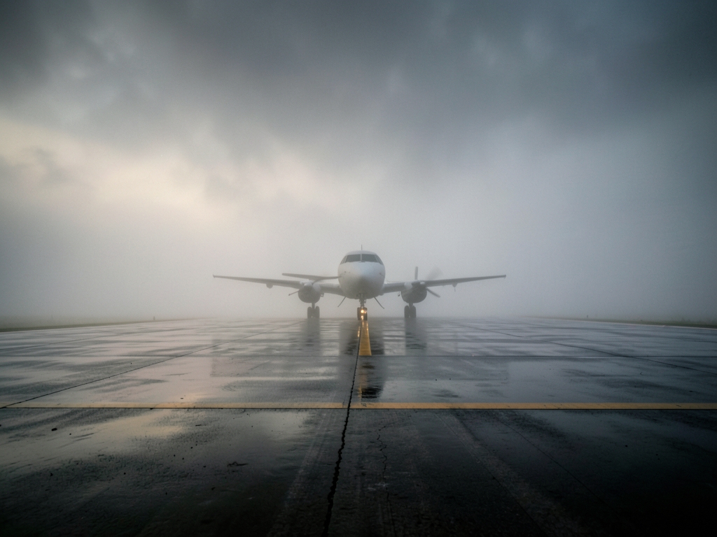 fog covered runway dawn with concrete stretching into mist