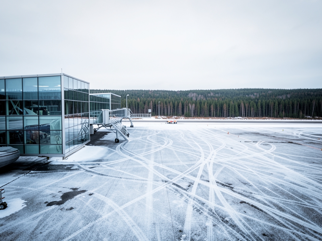 Empty windswept tarmac beyond glass walled Siberian terminal frost covered