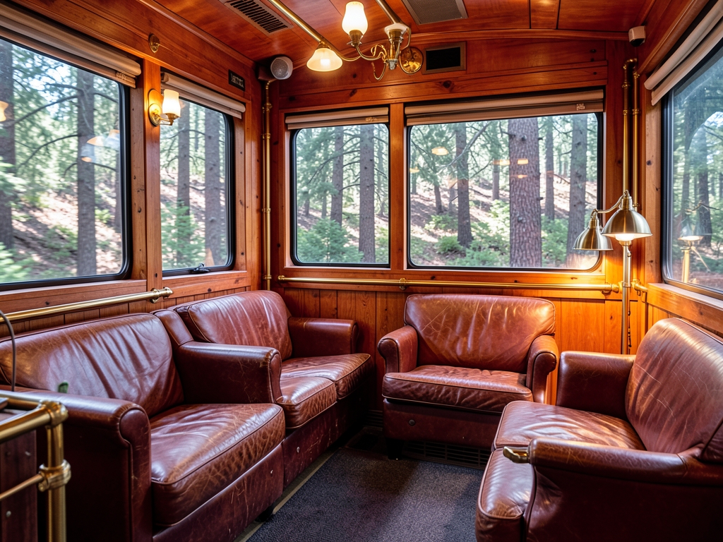 Interior cozy redwood paneled train lounge with leather seats