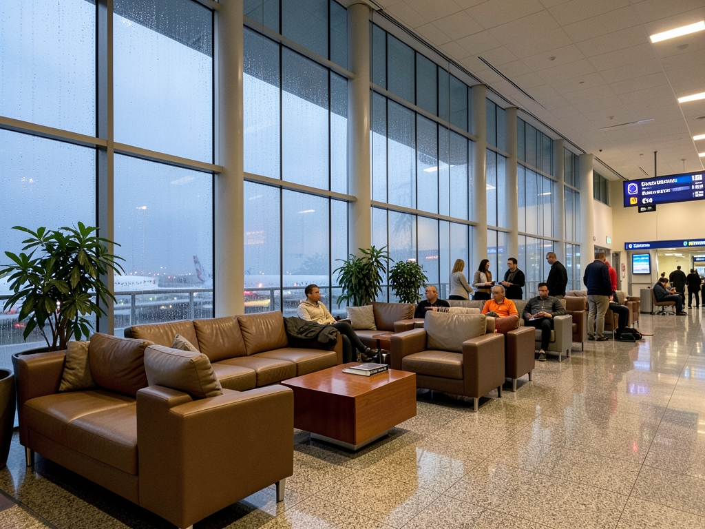rain streaked airport lounge dusk soft diffused light filtering