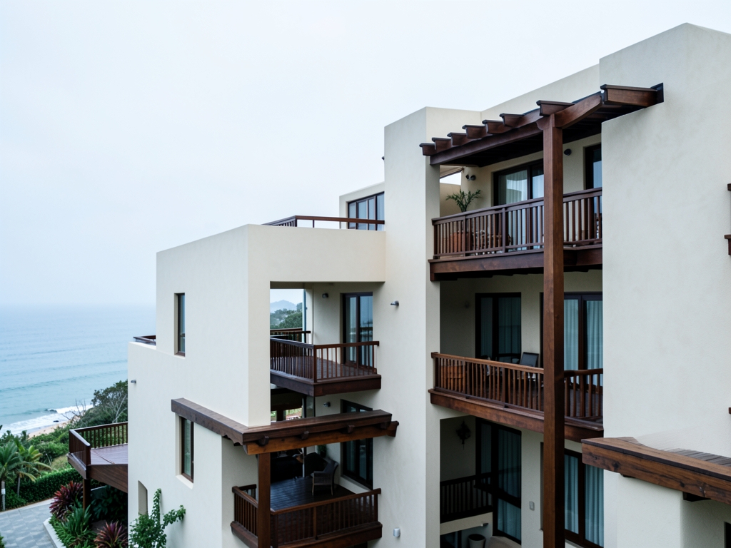 Coastal resort exterior beneath soft overcast skies with