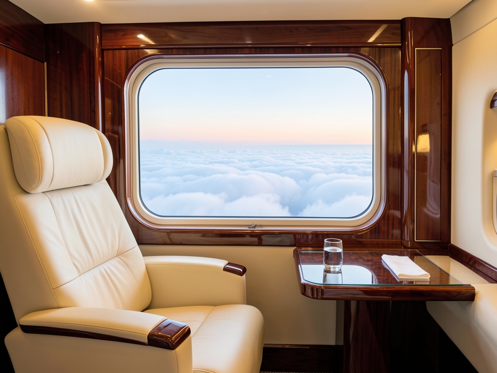 first class cabin interior bathed warm ambient light cream