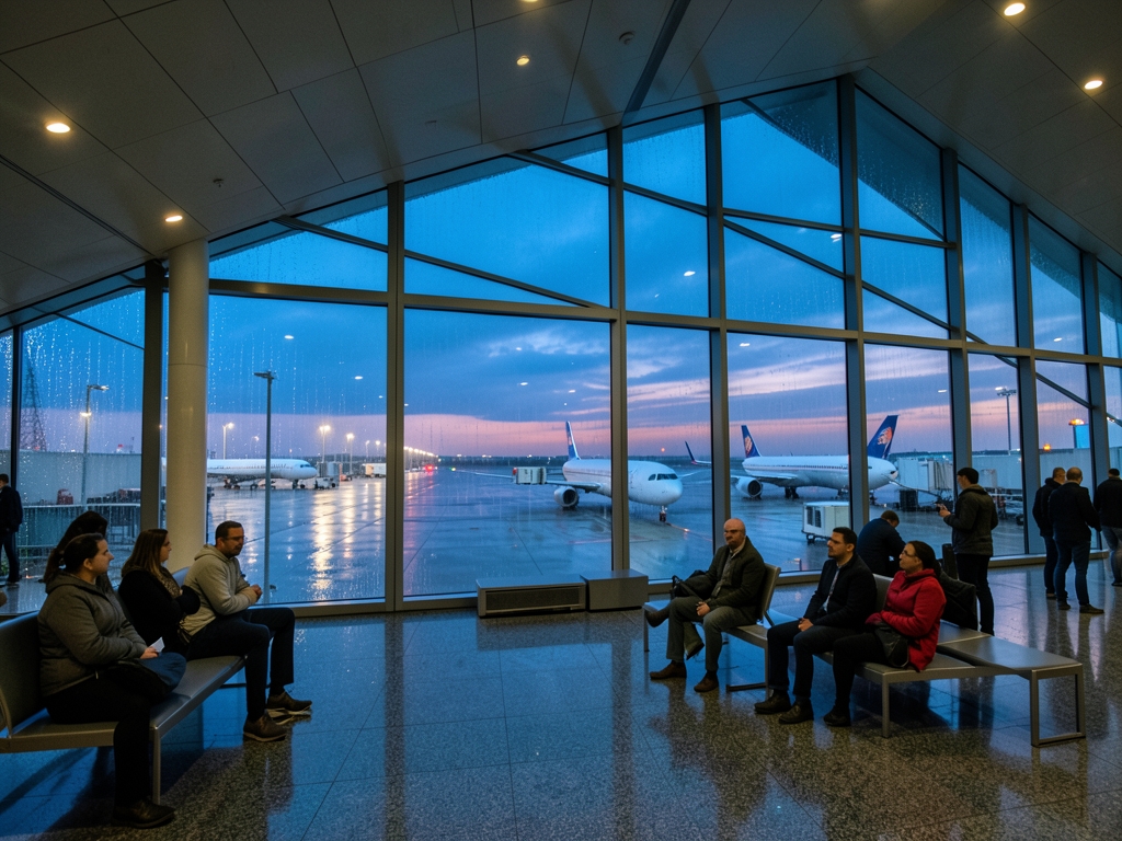 Spacious airport terminal with floor to ceiling glass overlooking parked