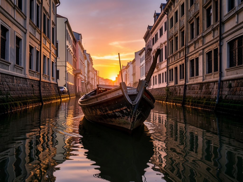 Weathered wooden longtail boat gliding through narrow canal