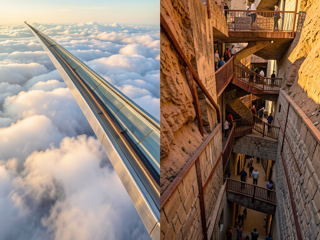 Split level architectural composition showing sleek nonstop route soaring