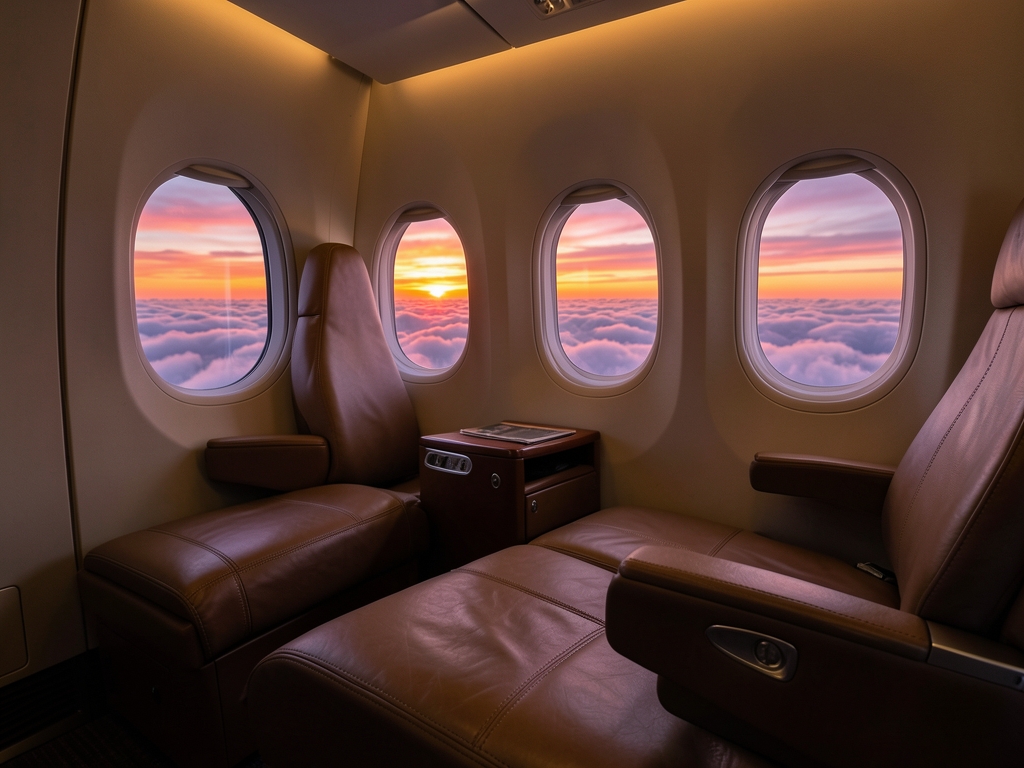Luxurious airplane business cabin with open lie flat seats