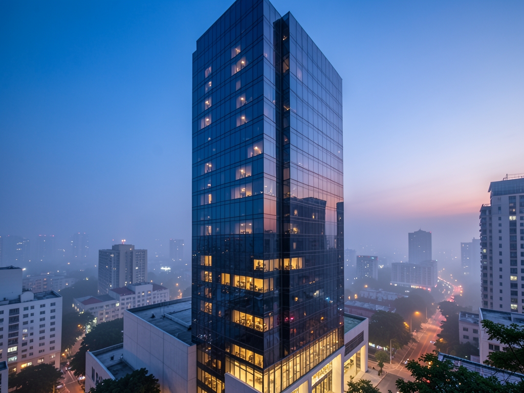 Urban high rise hotel exterior blue hour reflective glass