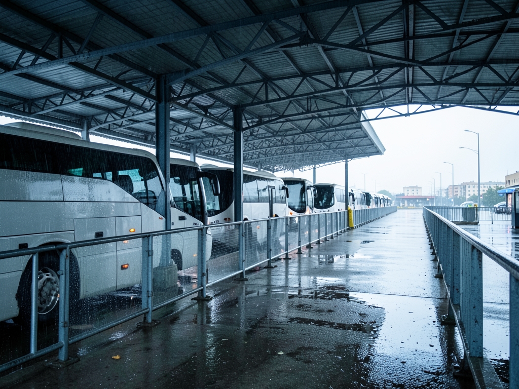 rain soaked depot dawn rows parked coaches under steel