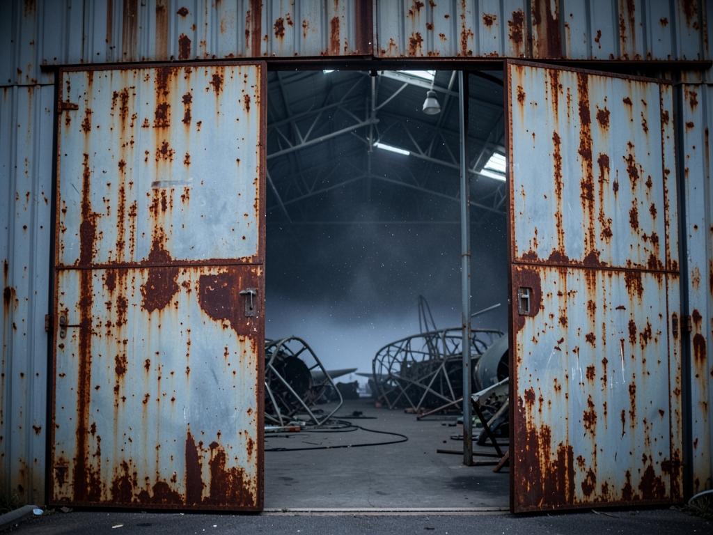 Rusted metal hangar doors stand slightly ajar revealing
