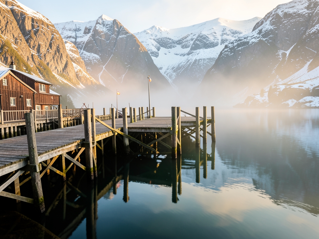 misty morning historic Nordic fjord port with wooden