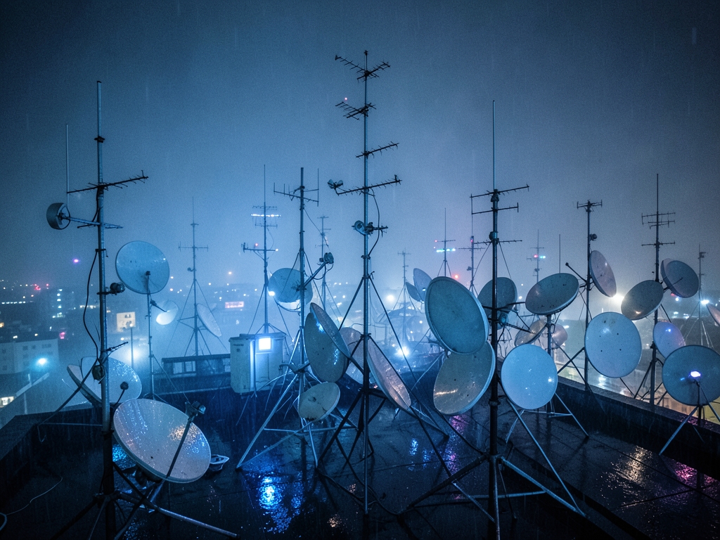 rain soaked rooftop night crowded with blinking communication antennas