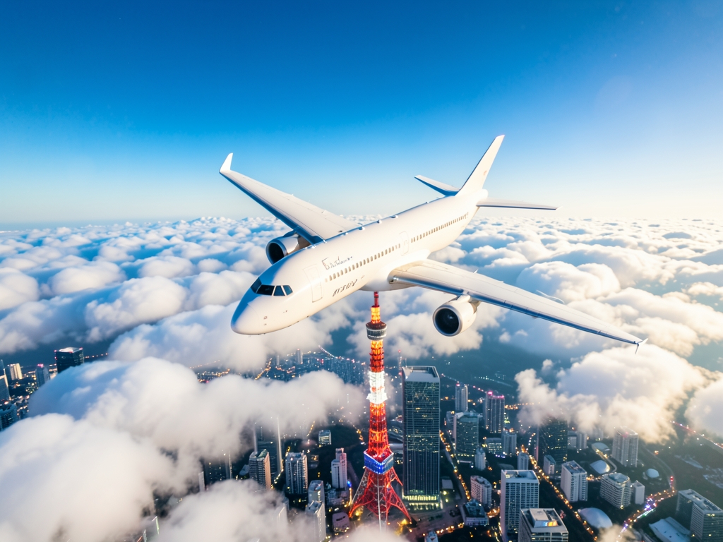 Aerial view pristine white airplane cruising above clouds