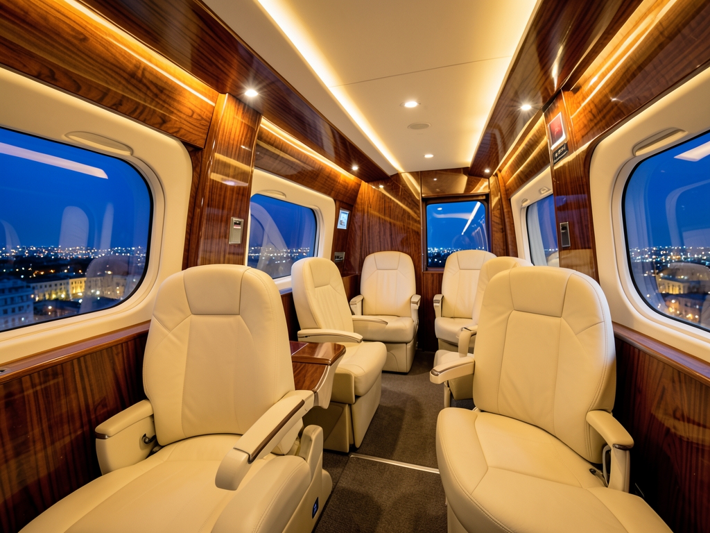 spacious aircraft cabin bridging European evening skyline with