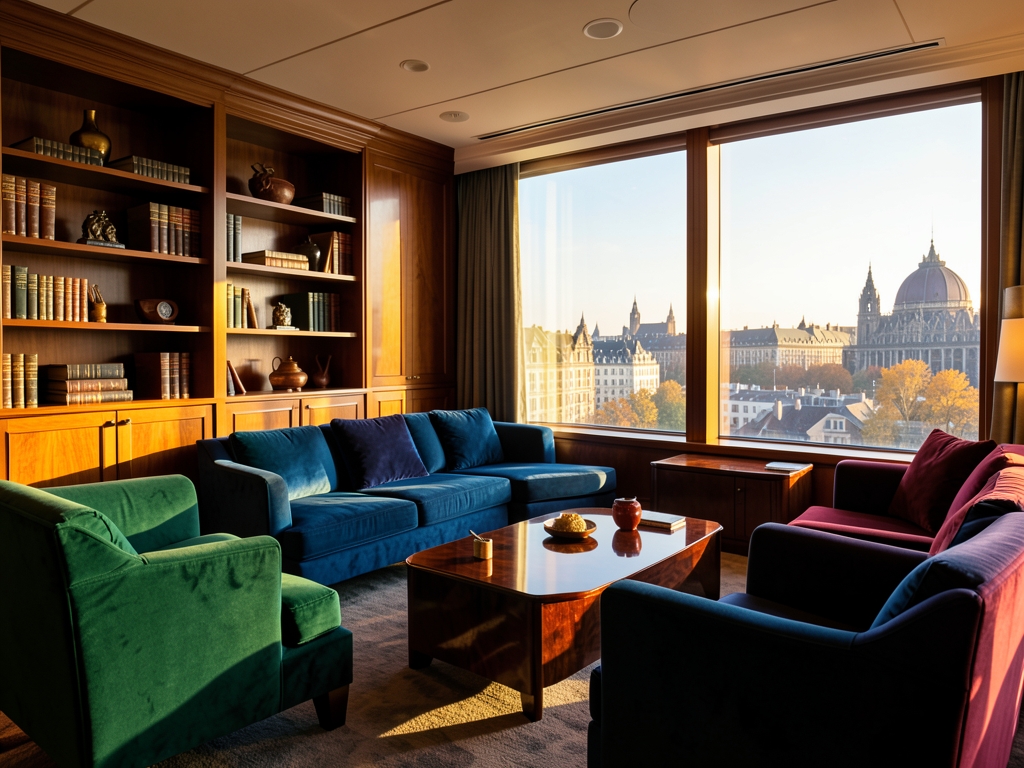 Sun drenched interior premium aviation lounge featuring plush velvet