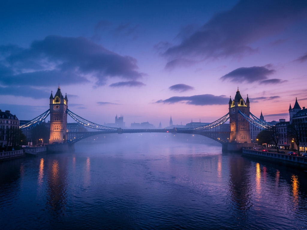 Twilight view London s skyline with river historic stone