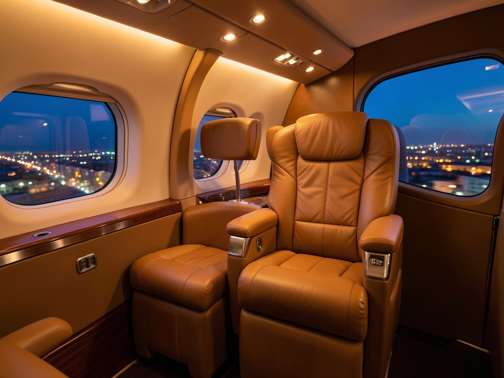 Luxury aircraft cabin dusk wide reclining seats warm