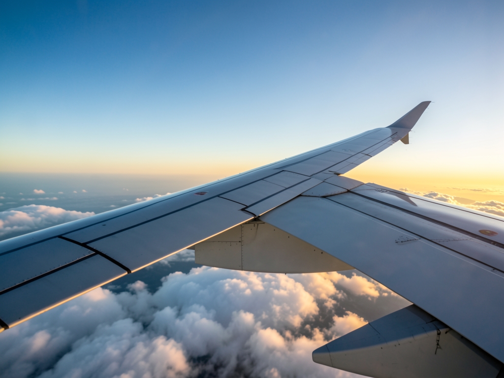 Airplane wing over vast Atlantic clouds golden sunset