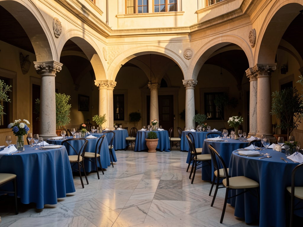 Elegant Mediterranean courtyard prepared business gathering with marble