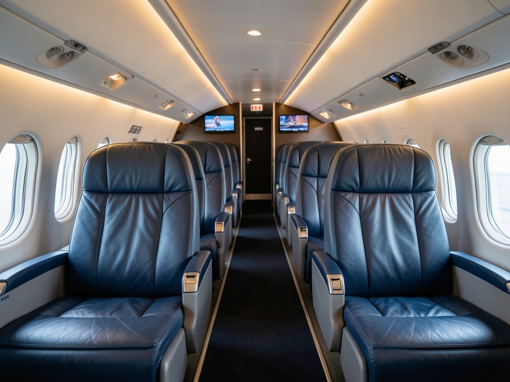 Spacious aircraft business cabin interior wide seats warm