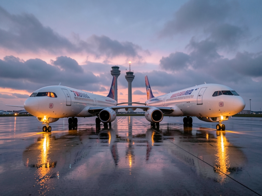 Twin airliners parked side side rain slicked tarmac dusk