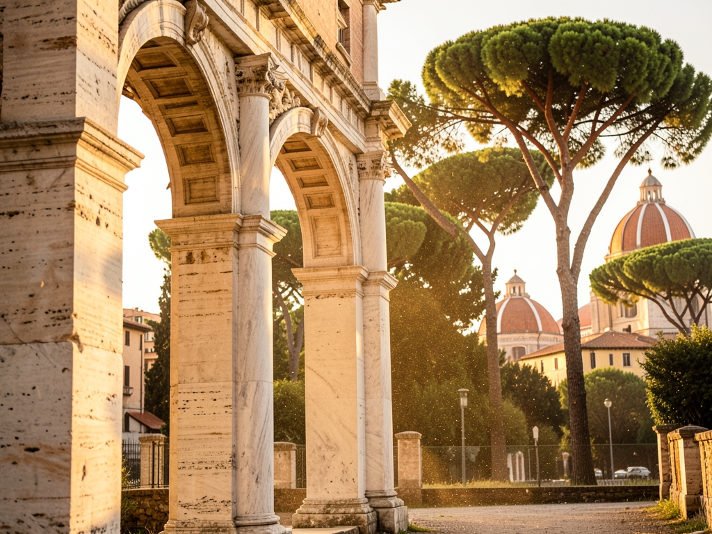 Warm morning sunlight striking ancient travertine arches weathered