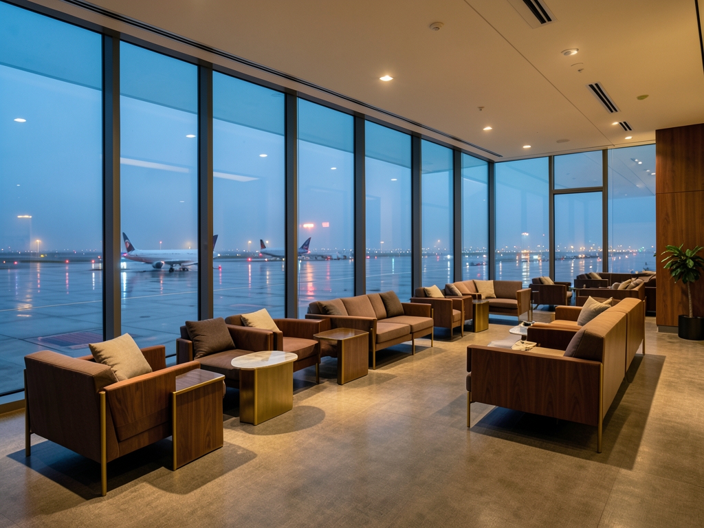 Elegant modern airport lounge dusk with floor to ceiling glass
