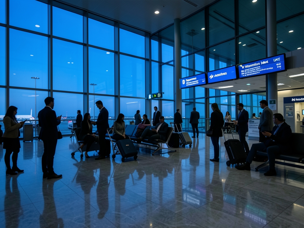 Modern airport terminal blue hour with glass walls