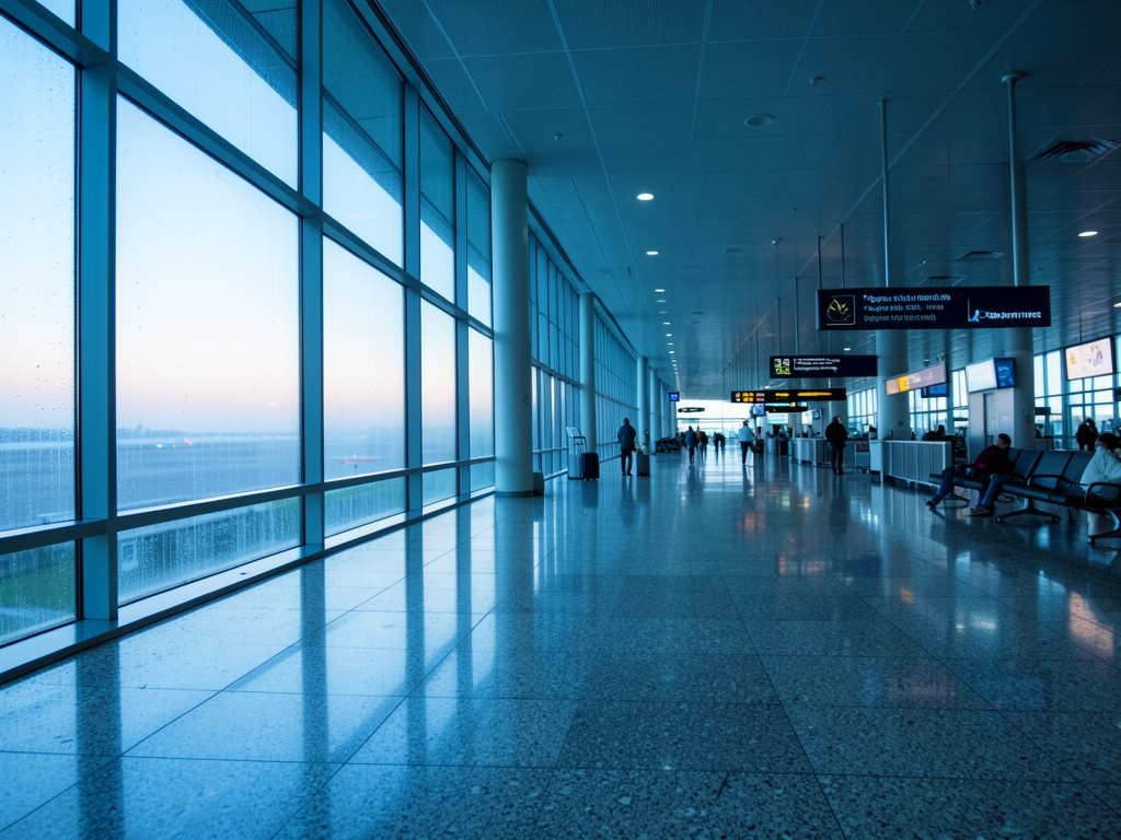 Long airport concourse with polished stone floors rain streaked