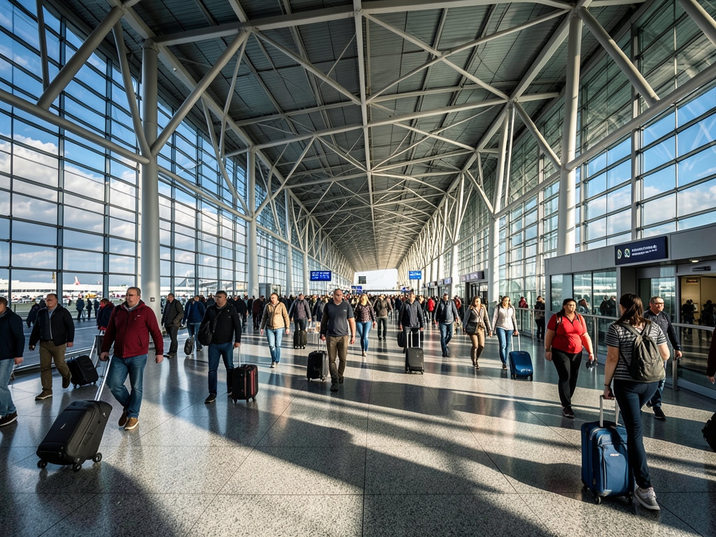 long sweeping airport concourse with steel glass architecture