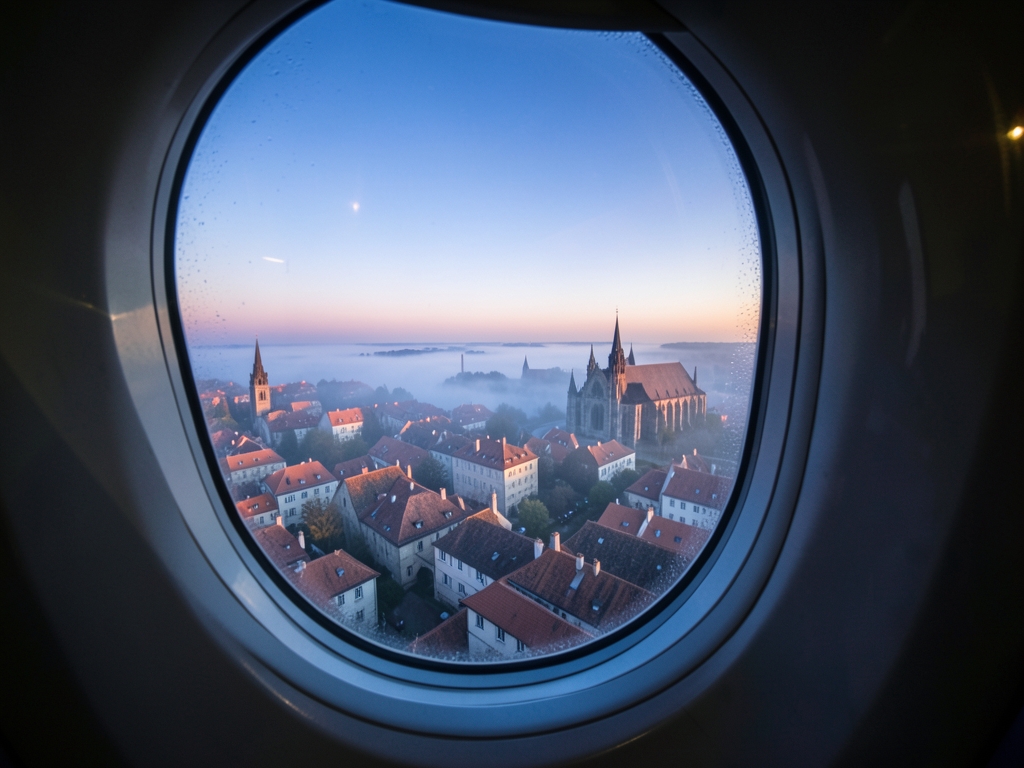 misty European city skyline dawn seen through large