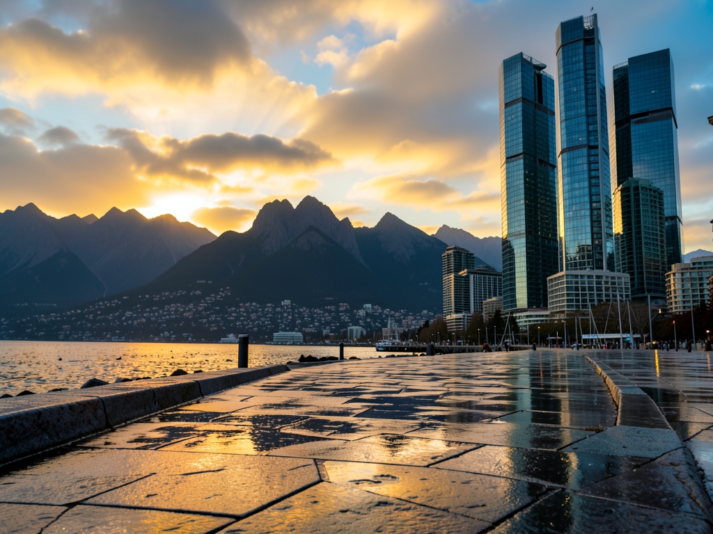 Vancouver waterfront stopover with mountain silhouettes rain polished stone