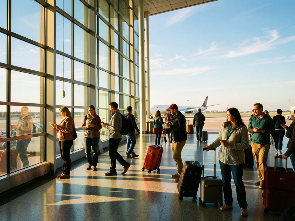 Sunlit airport terminal with tall glass walls silhouetted
