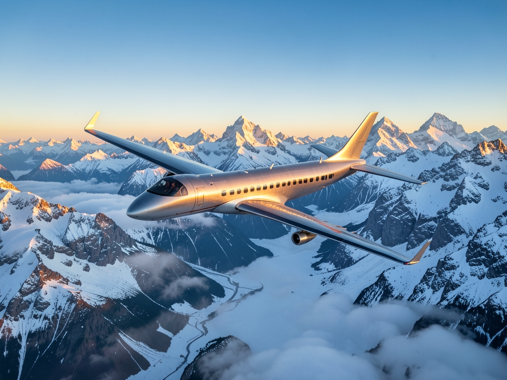 High altitude journey above Alps sunrise sleek aircraft gliding