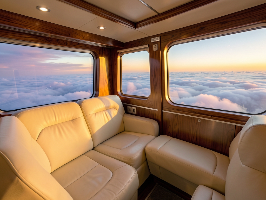 spacious transatlantic cabin above calm Atlantic clouds sunset