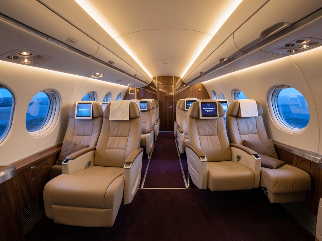Aircraft cabin interior dusk with wide lie flat seats