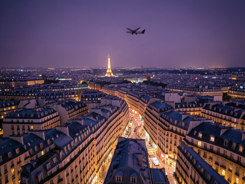 nighttime aerial view Paris rooftops winding streets with