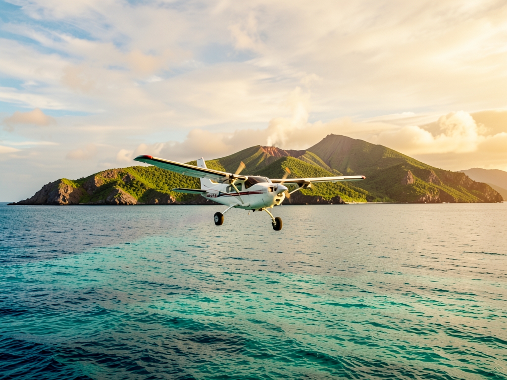 small twin engine aircraft descending over vast turquoise Pacific