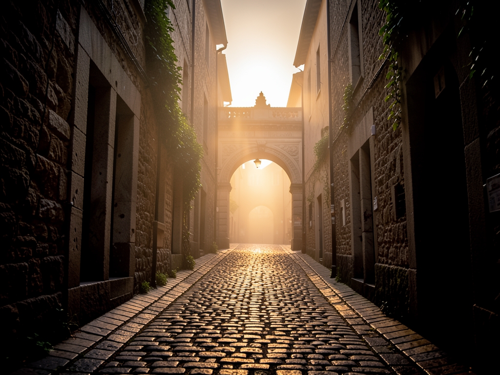 Narrow cobblestone alleyway winding through ancient European quarter