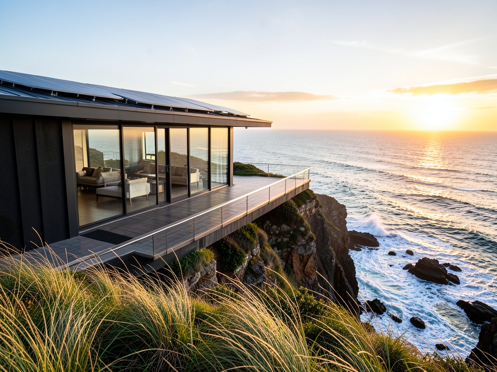 Cliffside modern retreat with large windows overlooking rough