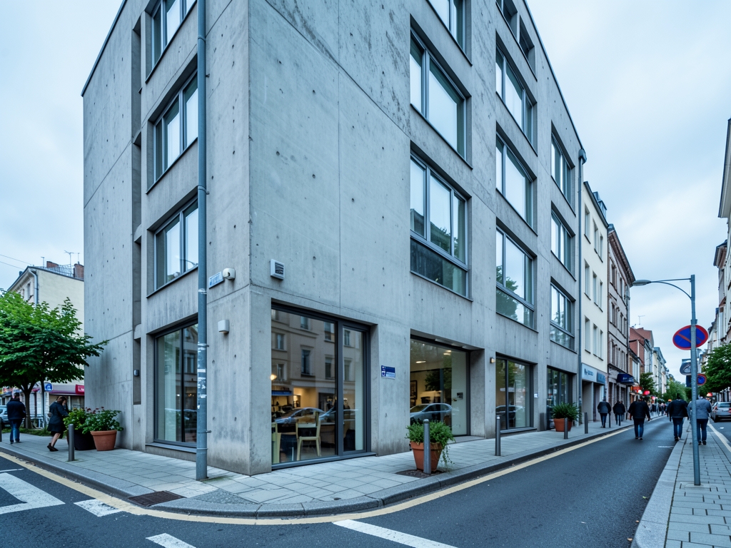 Modest hotel building with concrete facade large windows