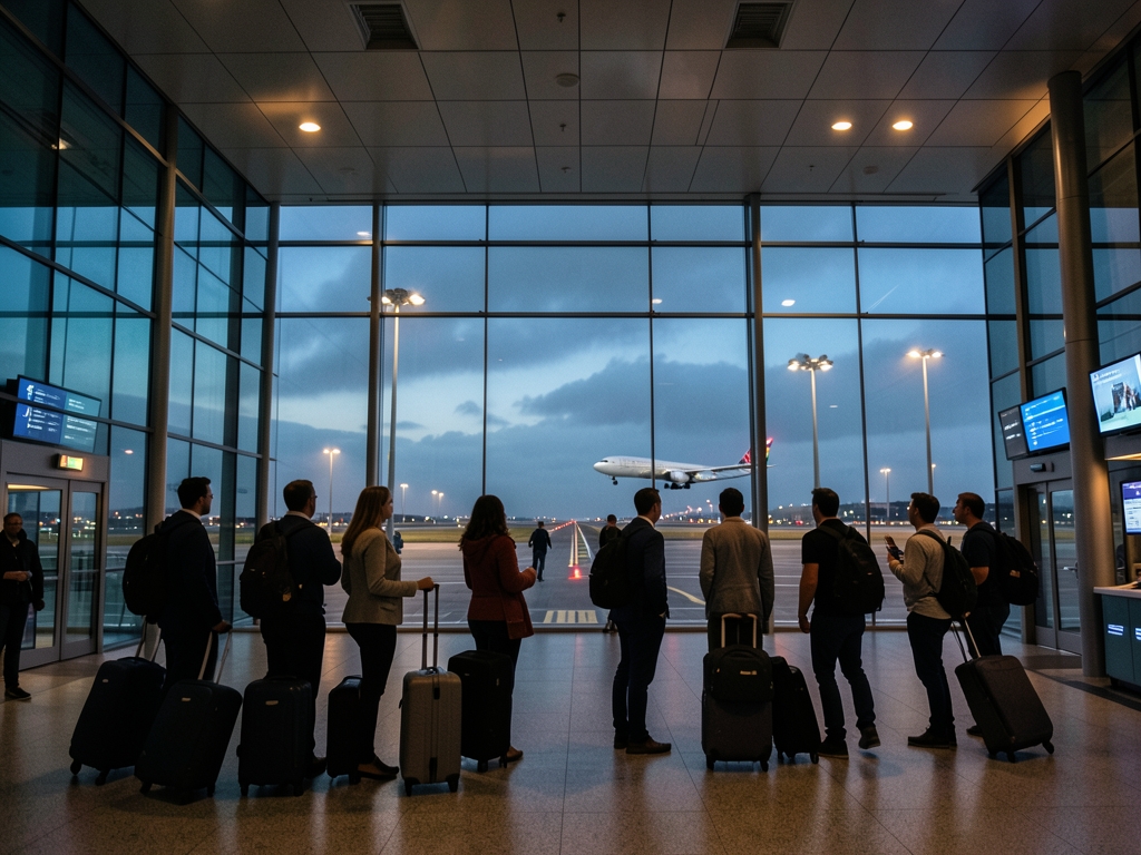 Twilight departure hall modern glass terminal travelers with