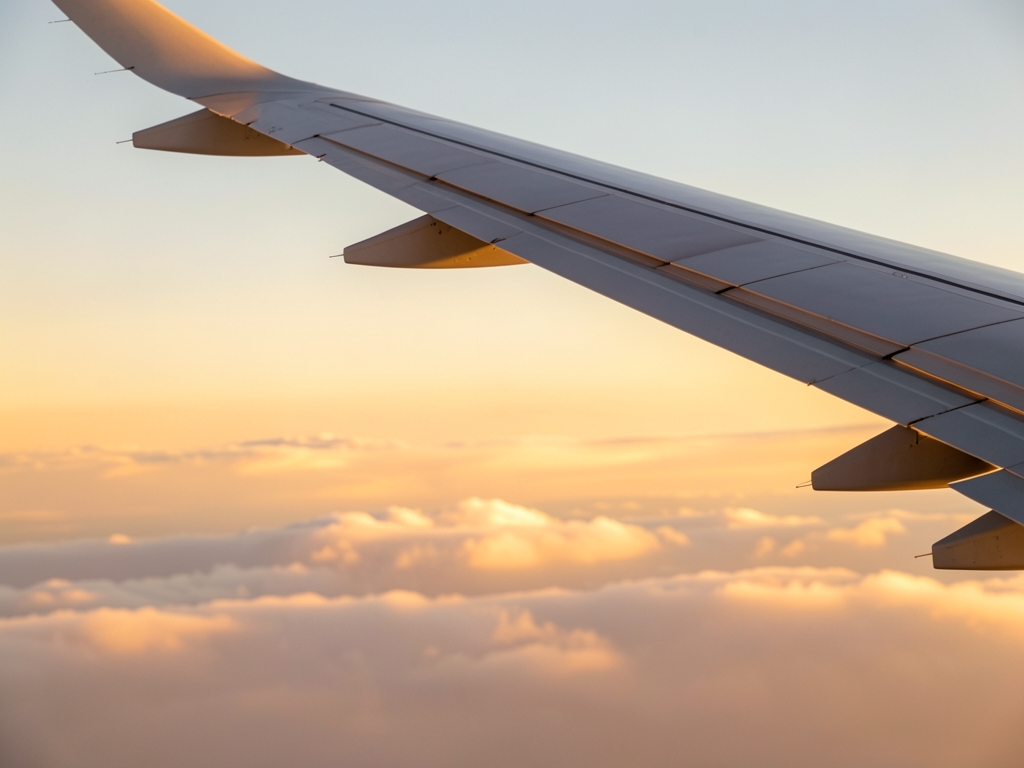 Airplane wing above layered clouds sunset warm golden